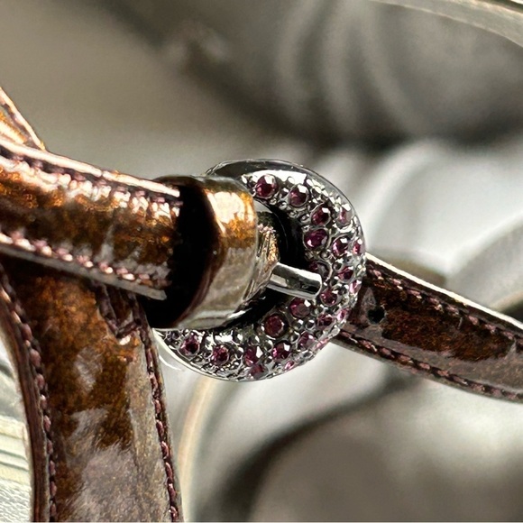 VIA SPIGA Women’s Paten Leather High Heel 6.5 T-Strap Rhinestone Brown Party - Picture 5 of 10